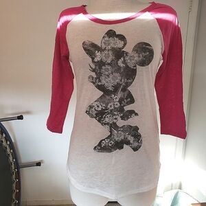 Disney Mimi Mouse Cotton & Polyester 1/4 Sleeve Pink Baseball Shirt Size S NWT